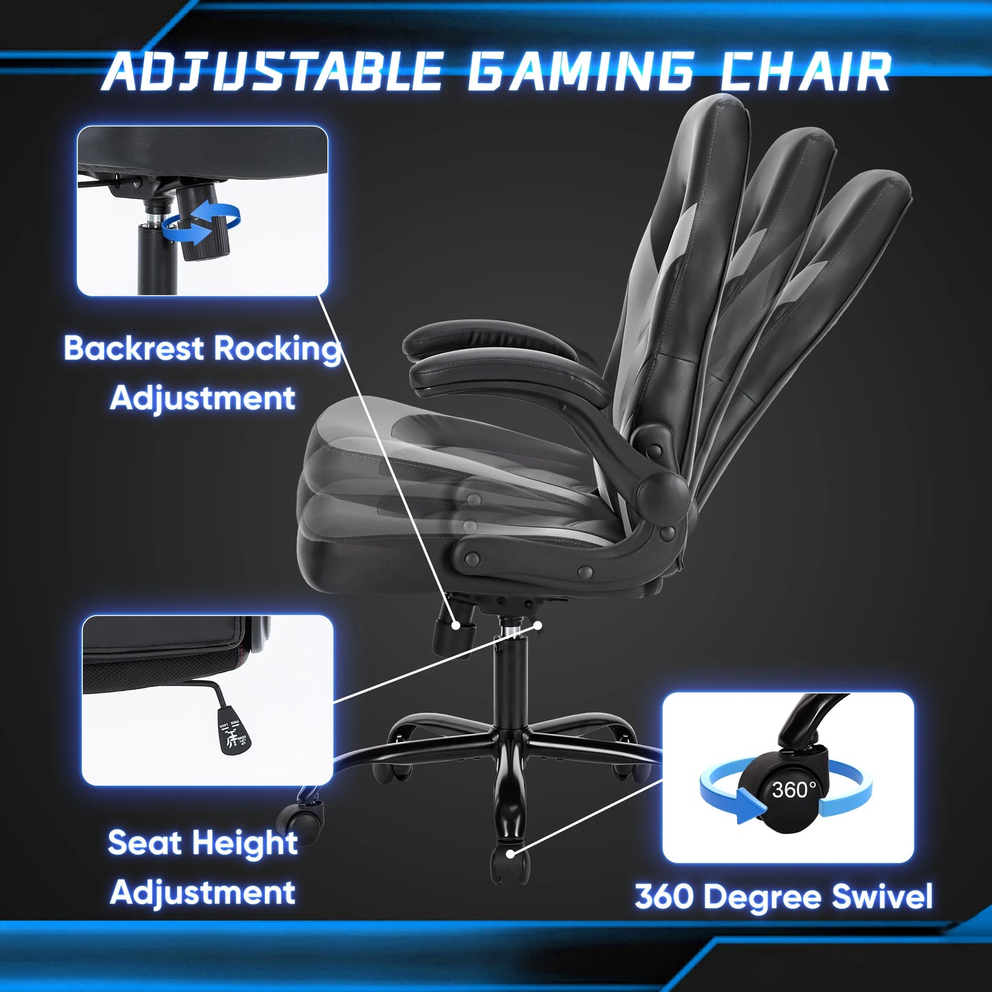 JHK Ergonomic Office Computer Home Gaming Desk Chair, Adjustable, PU Leather, Flip-up Armrest