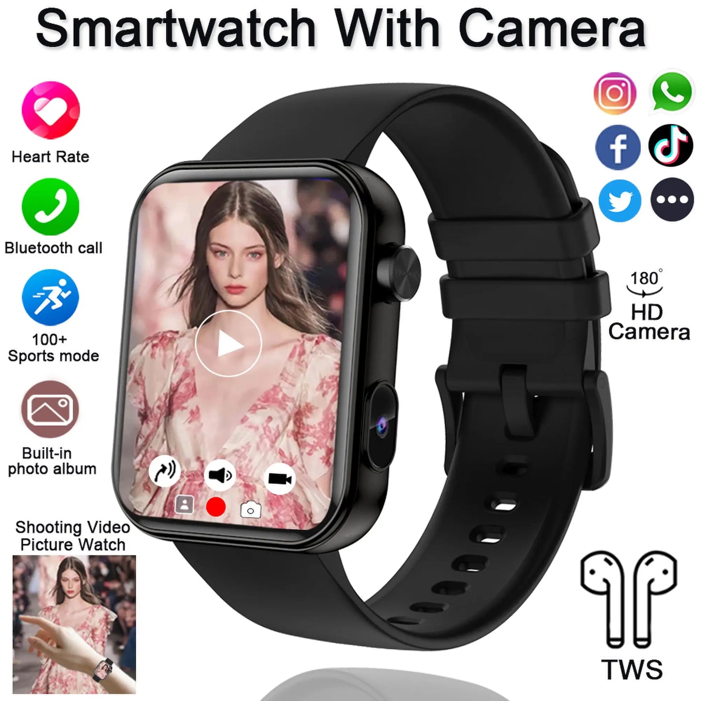 Smart Watch Women/Men, Camera, Heart Rate, Sports Fitness, Waterproof, Bluetooth For Android iOS