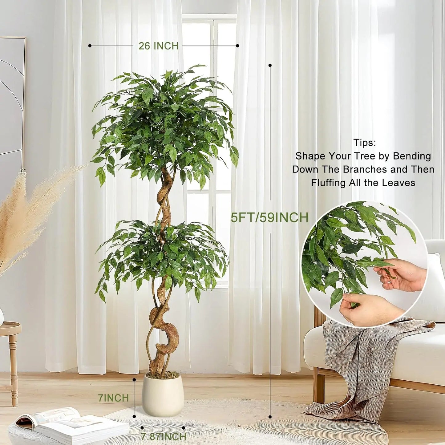 Ficus Tree Artificial, Indoor, White Pot