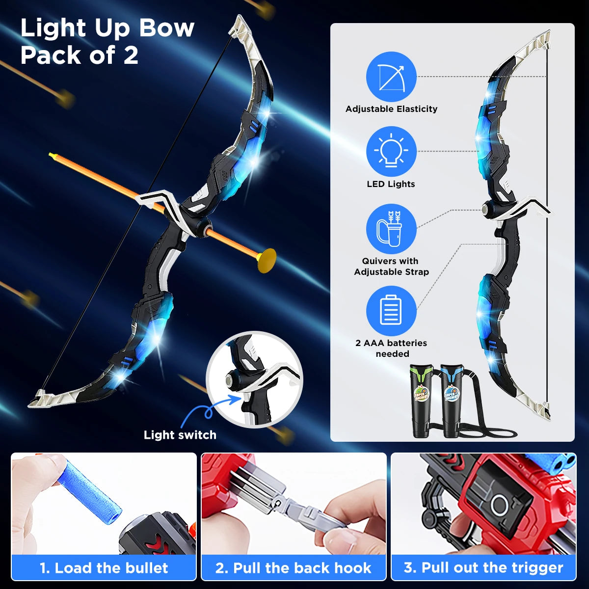 2X Bow Arrow + Guns, Toy For Kids, LED Light Up Archery, Suction Cup, Stand, Dart Board