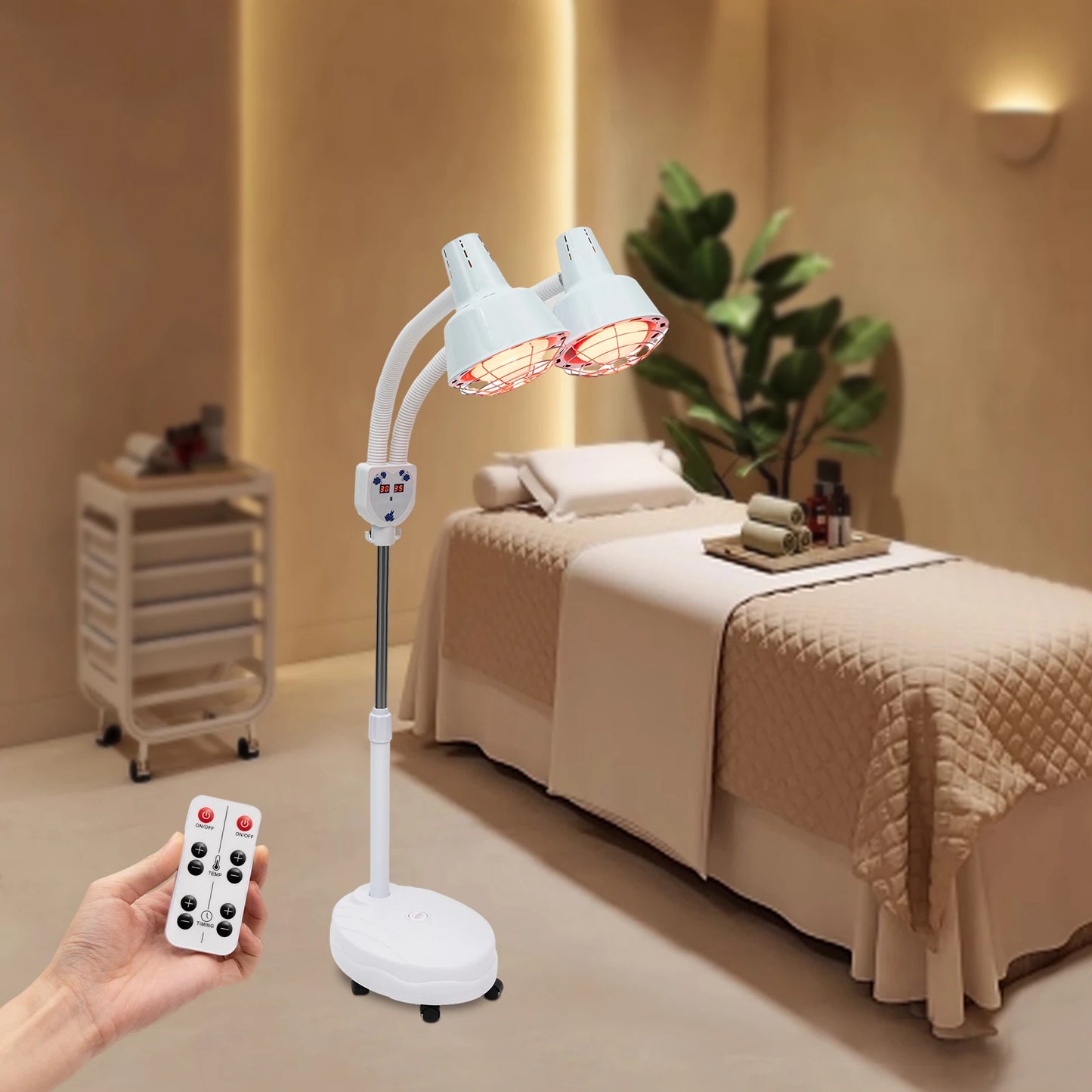 Double head Electric Infrared Therapy Lamp, 360°, Adjustable, Temperature Heat Lamp, 6 Universal Wheels