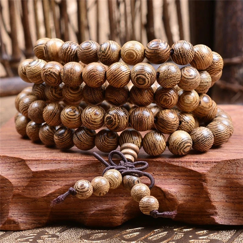 Multilayer 108 Wood Beads, Lotus Bracelet, Tibetan Buddhist Mala, Charm Rosary Bracelet