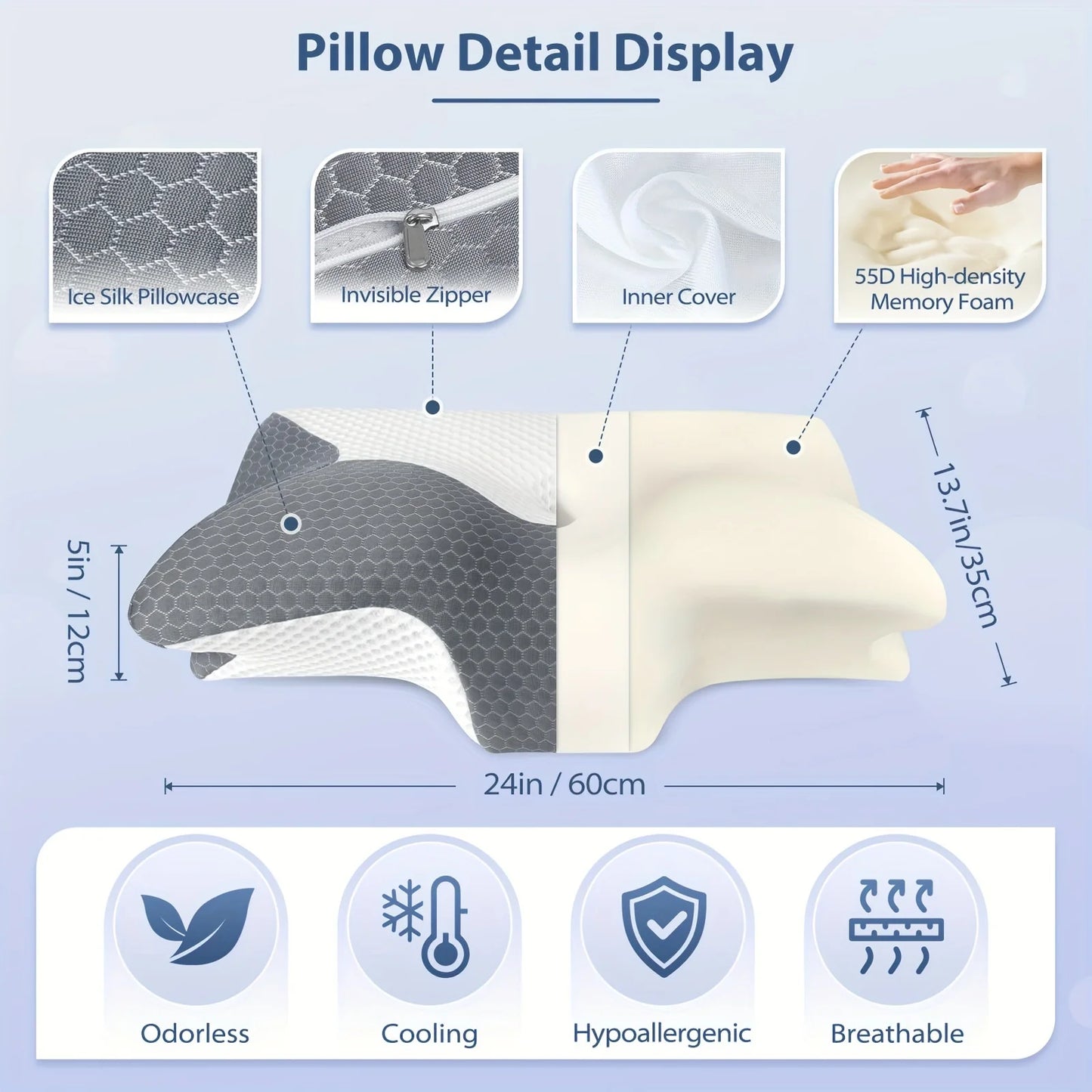 Cervical Memory Foam Pillow For Neck/Shoulder Pain, Ergonomic Orthopedic Sleeping, Contoured Support, Side Sleepers