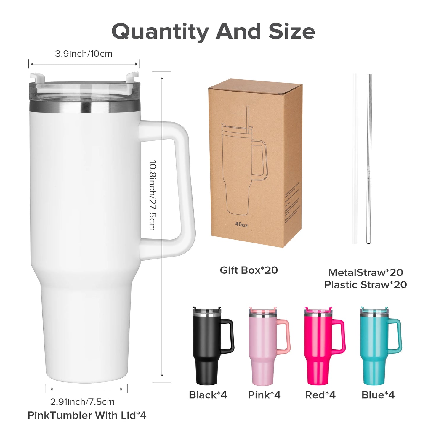20 Pack, 40 OZ Insulated Tumbler, Detachable Handle, Lid, Straw, Mixed Color, Laser Engraved