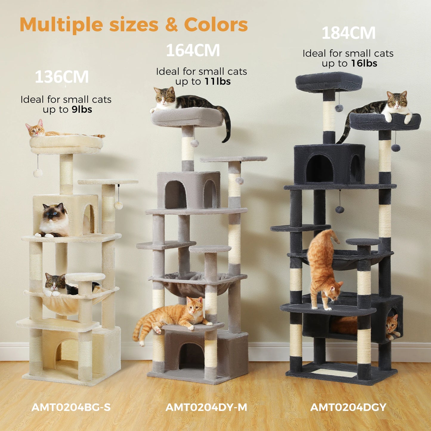 Large Cat Tree/Tower, Indoor, Sisal-Covered Scratching Posts, Spacious Hammock, Padded Perches