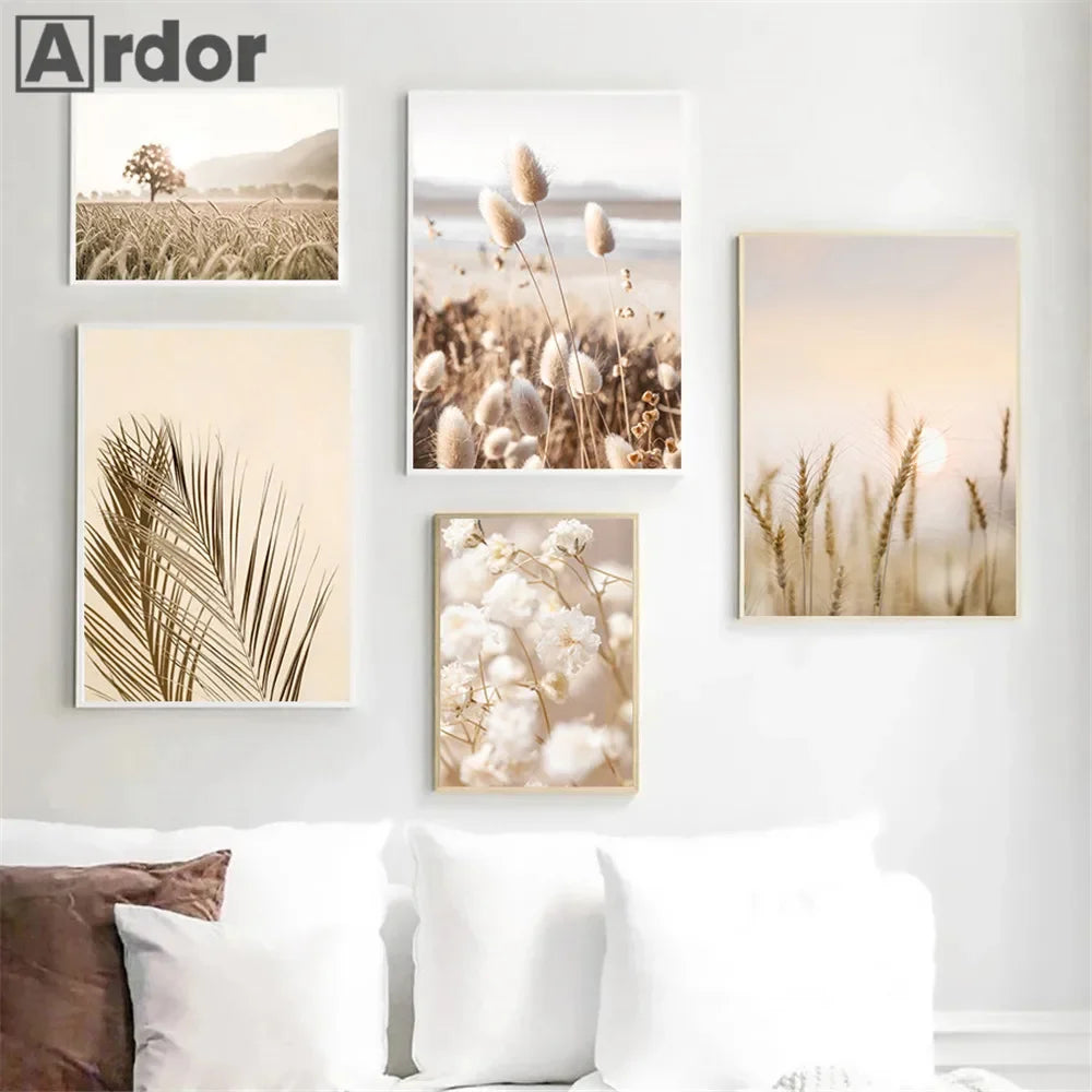 Sunset Sea Lake Boat Bridge Canvas Painting, Seagull Beach Poster, Beige Leaf Reed Wall Art Print