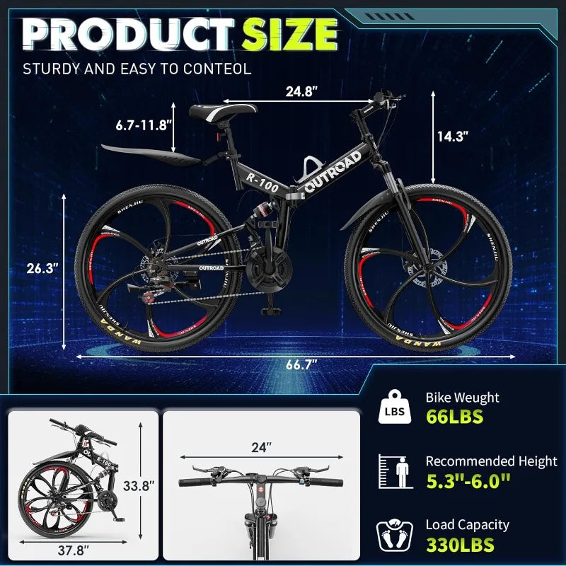 26 Inch Folding Mountain Bike, 21 Speed Full Suspension, High-Carbon Steel, Dual Disc Brake, Non-Slip Quick