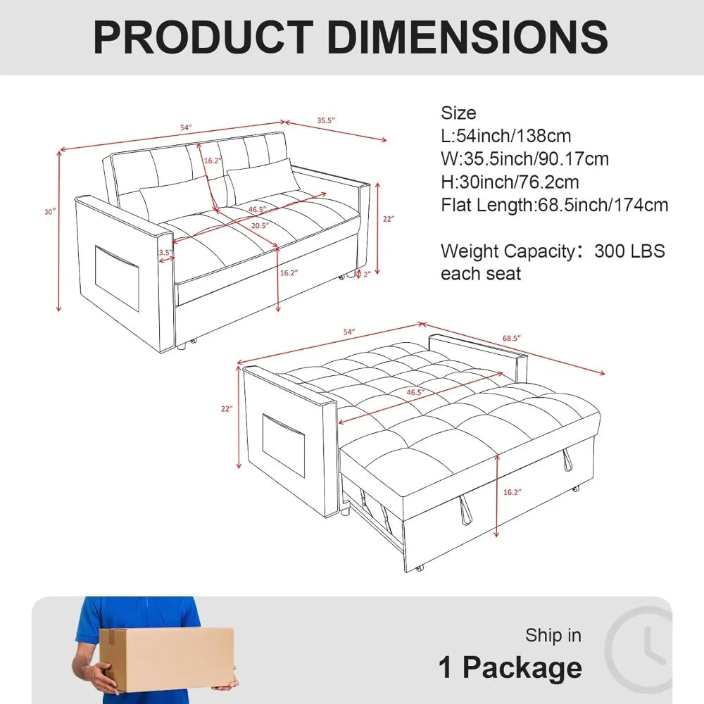 Pull-Out Sleeper Sofa Bed 3-Level Adjustable Backrest, Loveseat Sleeper Couch