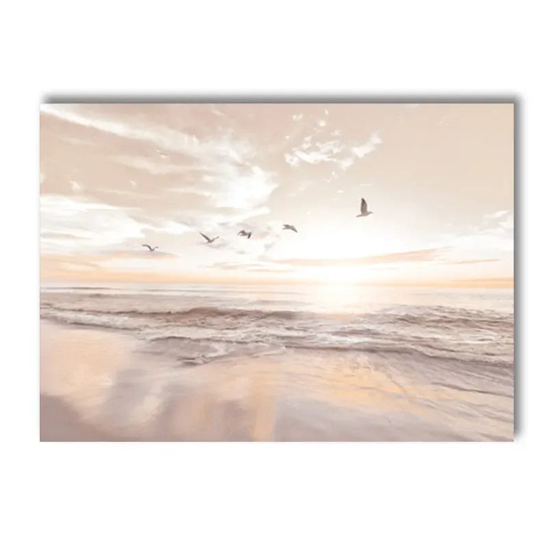 Sunset Sea Lake Boat Bridge Canvas Painting, Seagull Beach Poster, Beige Leaf Reed Wall Art Print