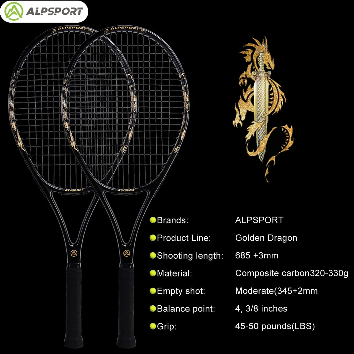 ALPSPORT JL 27-in, Durable, 4 3/8-in Grip, Carbon Fiber, Tennis Racket