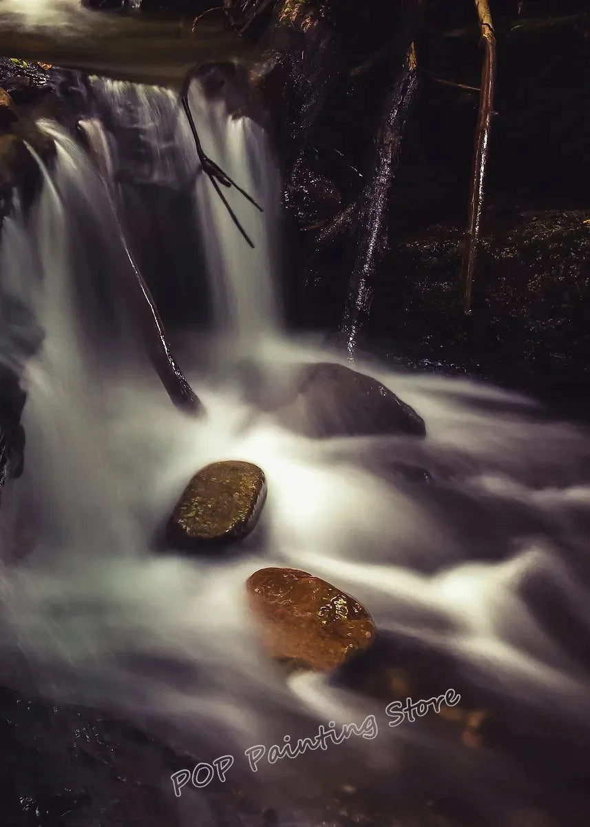 Waterfall Landscape Canvas Print, Forest Rock Nature Serenity Wall Art, Sunlight Peaceful Tranquil Scenery