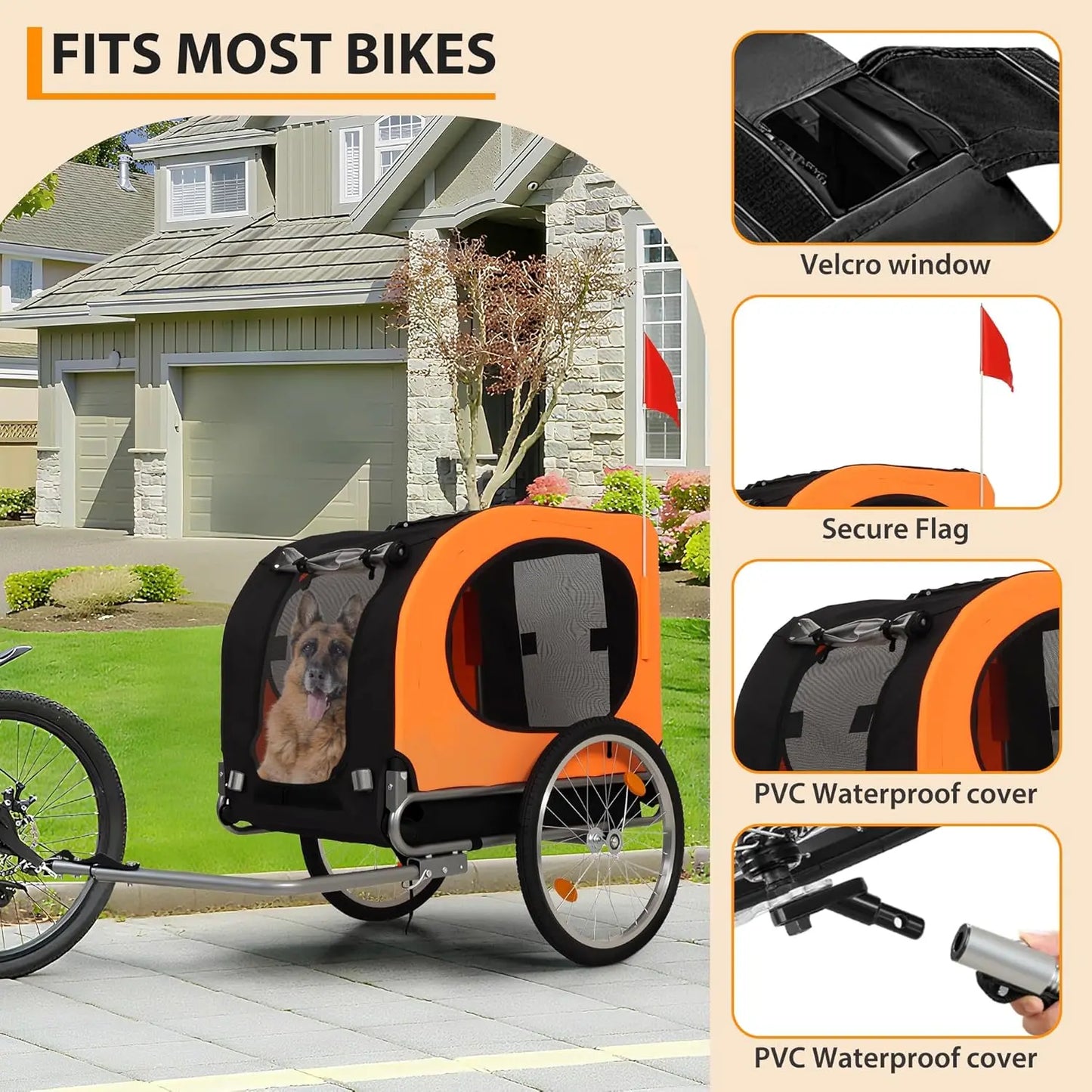 Large Dog Bike Trailer 88Lbs Capacity Foldable Oxford Fabric Universal Coupler with Quick Release Wheels