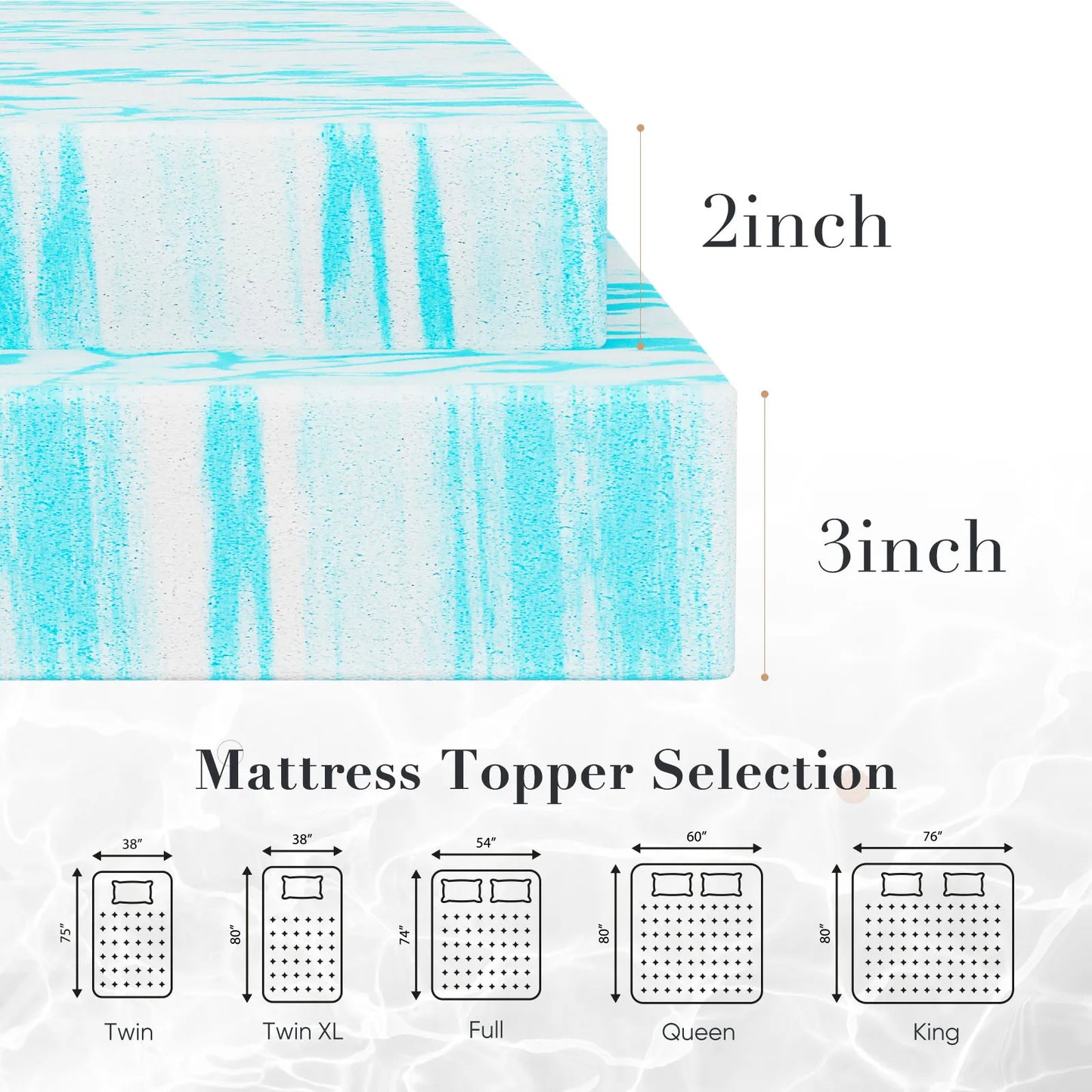 2-3 Inch Gel Memory Foam Mattress Topper, Cooling, Soft, Breathable