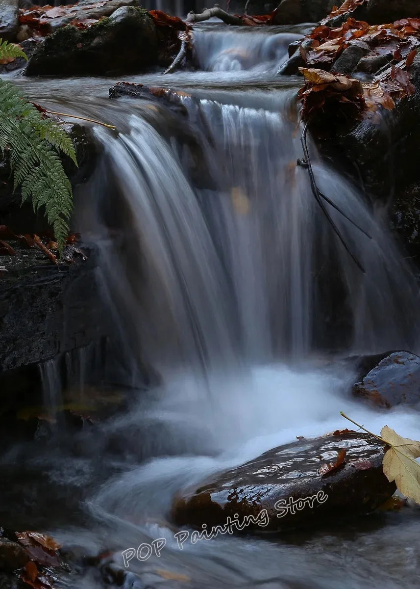 Waterfall Landscape Canvas Print, Forest Rock Nature Serenity Wall Art, Sunlight Peaceful Tranquil Scenery