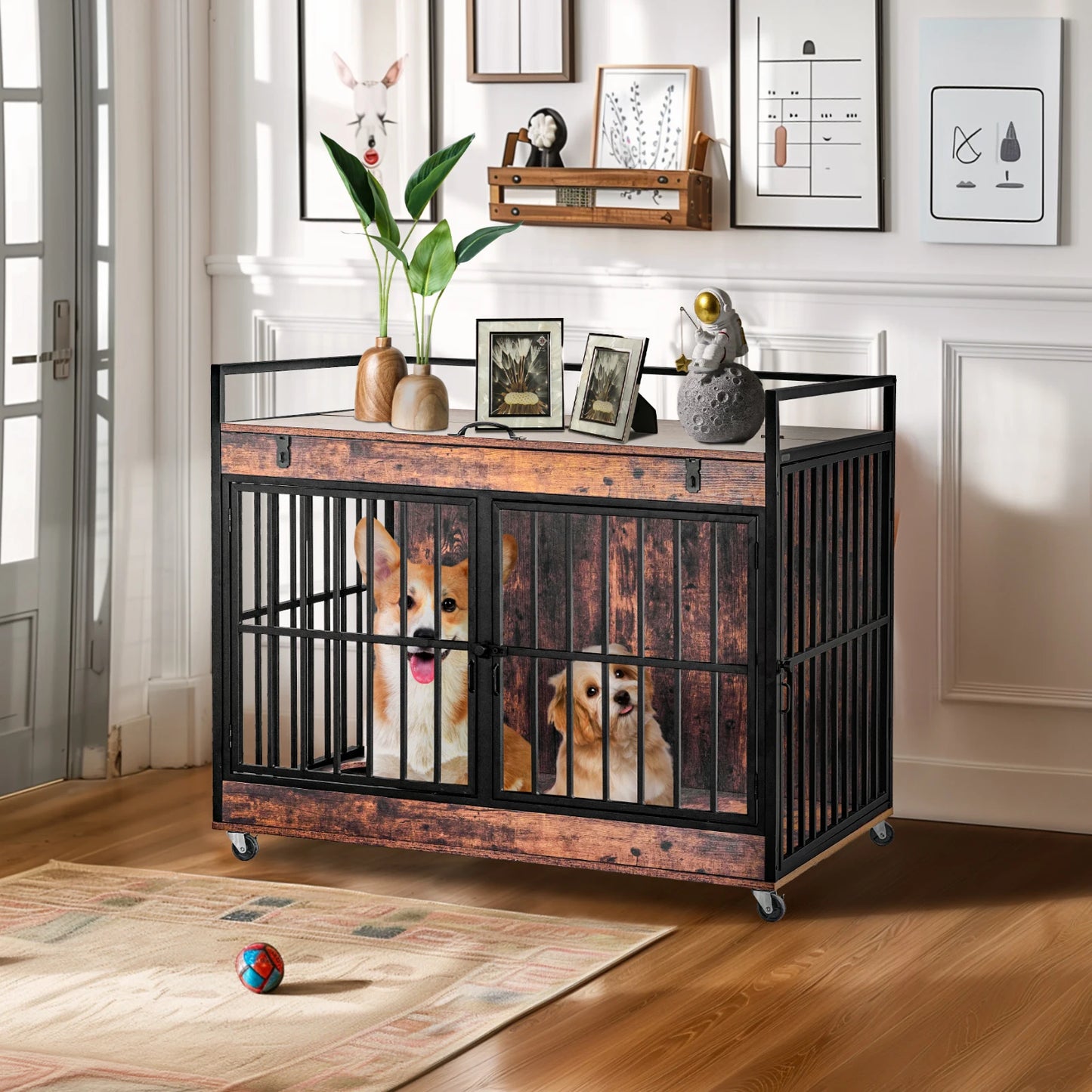 End Table Dog Kennel with Wheels, Feeder Bowls