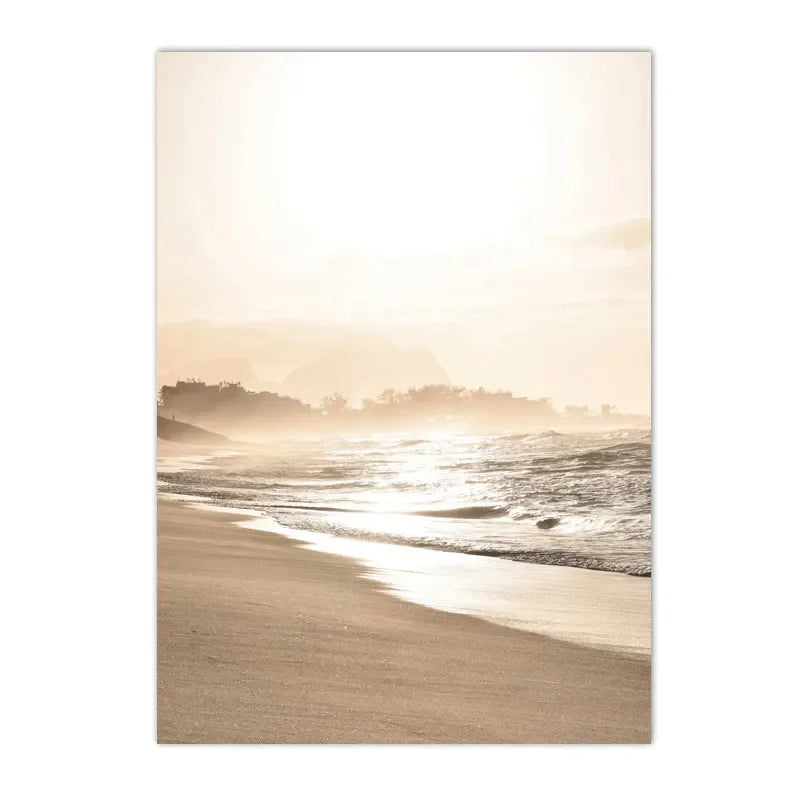 Sunset Sea Lake Boat Bridge Canvas Painting, Seagull Beach Poster, Beige Leaf Reed Wall Art Print