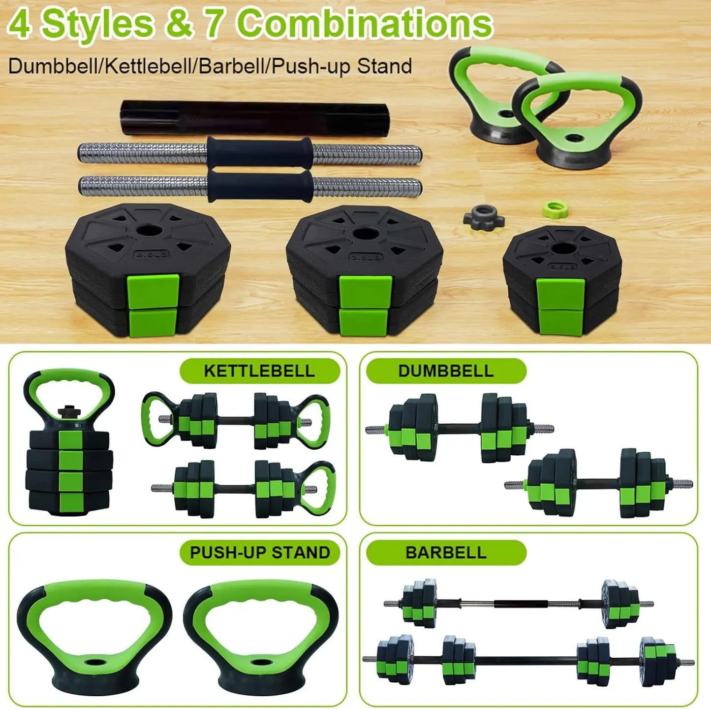 4-in-1, 44 lbs Adjustable Dumbbell Set, Iron Handle Used as Kettlebell, Barbell, Push-Up-Stand for Home Gym, Octagon