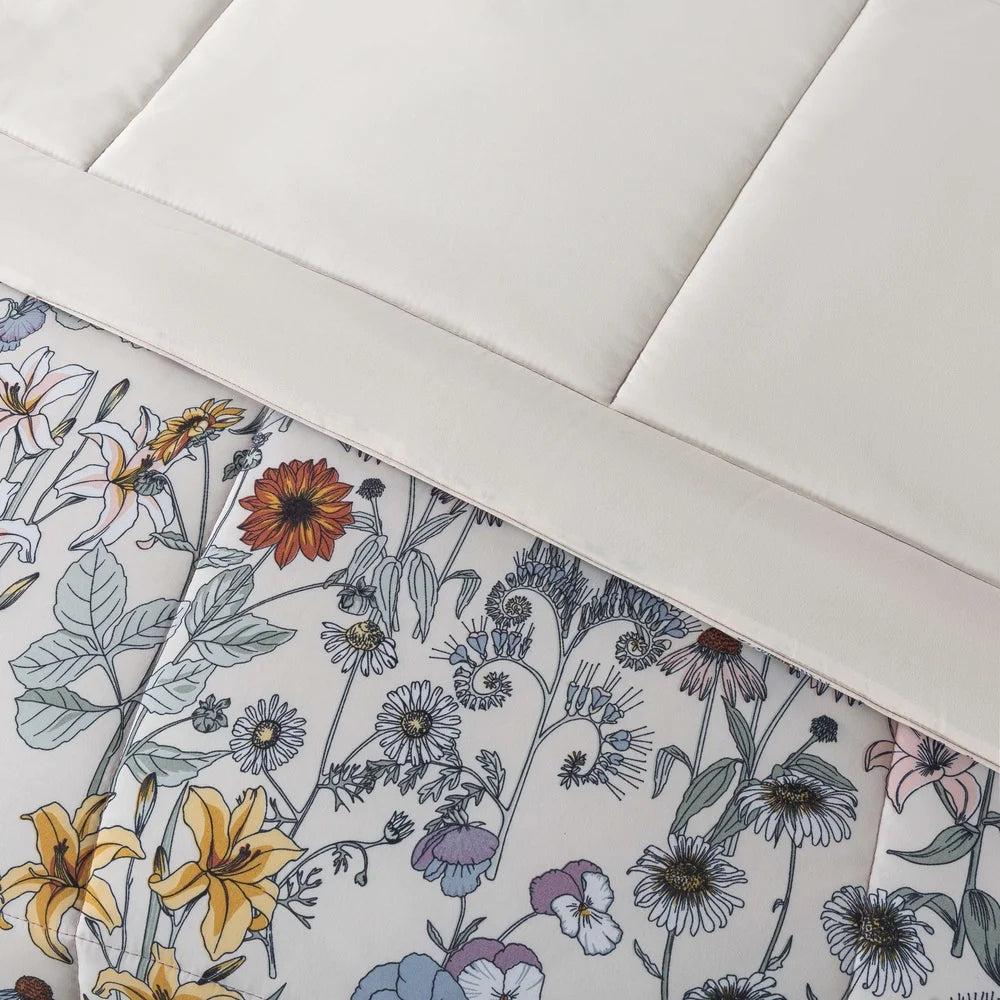 7-Piece Reversible Comforter Set, Floral Print Sheets, Soft Polyester King Bedding Includes Pillowcases, Shams, Storage Bag