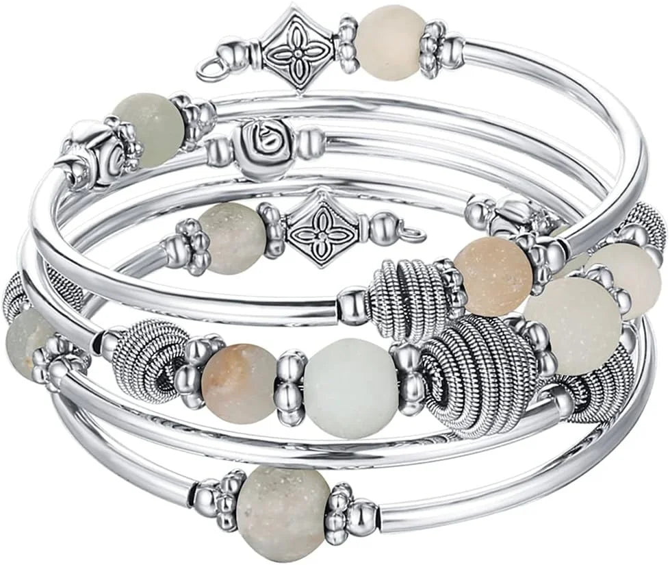 Beaded Chakra Bangle Turquoise Bracelet , Thick Silver Metal and Mala Beads