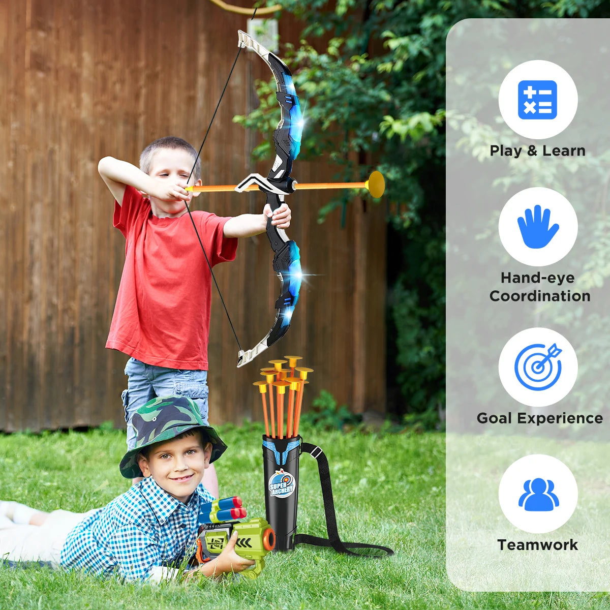 2X Bow Arrow + Guns, Toy For Kids, LED Light Up Archery, Suction Cup, Stand, Dart Board