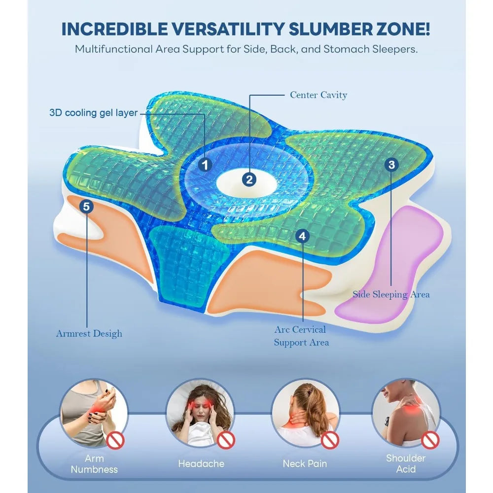 Cooling Gel Pillows, Neck/Shoulder, Cervical, Cozy Sleeping, Odorless Ergonomic Contour Memory Foam