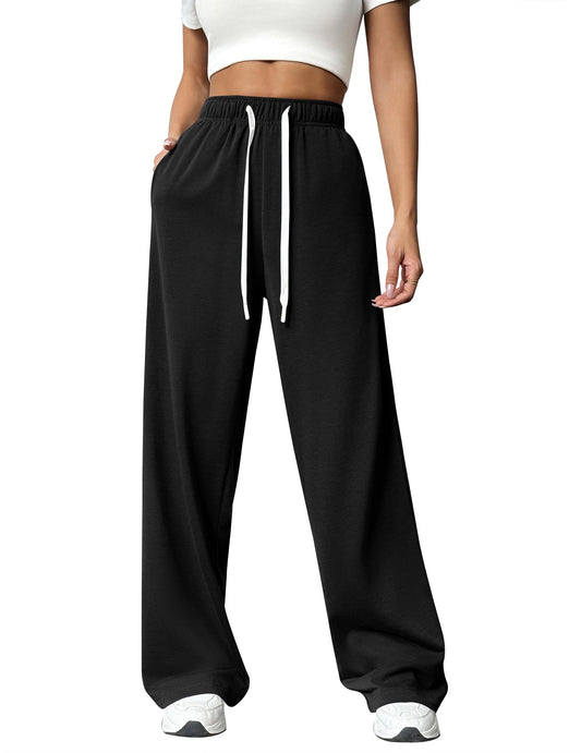 PINSPARK Wide Leg Sweatpants for Women's Lounge Active Pant Elastic High Waist Sweatpant Athletic Sweat Pants with Pocket and Drawstring X-Large, Black