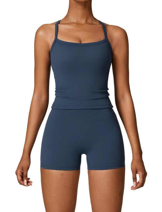 QBGJTD Two Piece Workout Sets For Women Straps Cross Back Tank Top Matching High Waist Booty Lifting Biker Shorts 2 Piece Gym Yoga Active Wear Outfits Womens Athletic Work Out Clothes Dark Blue M