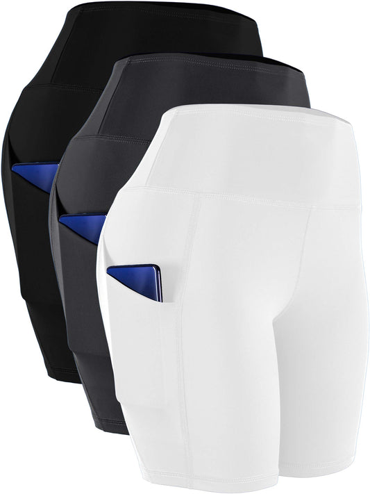 CADMUS Women's High Waist Spandex Yoga Shorts for Bike Running Two Side Pockets,10,Black,Grey,White,Small