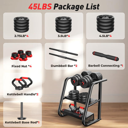 FITPLAM 4 in 1 Adjustable Dumbbell Weight Set, 45lbs Free Weights with Upgraded Nut, Used as Kettlebells, Barbell, Push Up Stand for Home, Gym, Fitness, Exercise, Suitable Men/Women, Black