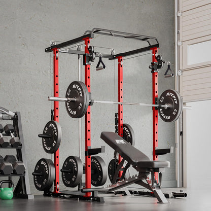 RitFit Multi-Function Garage & Home Gym Package Includes 1000LBS Power Cage PPC03 with Cable Crossover System, Weight Bench, Olympic Barbell Weight Set, Full Body Workout -OR,Bumper Plate 230lbs