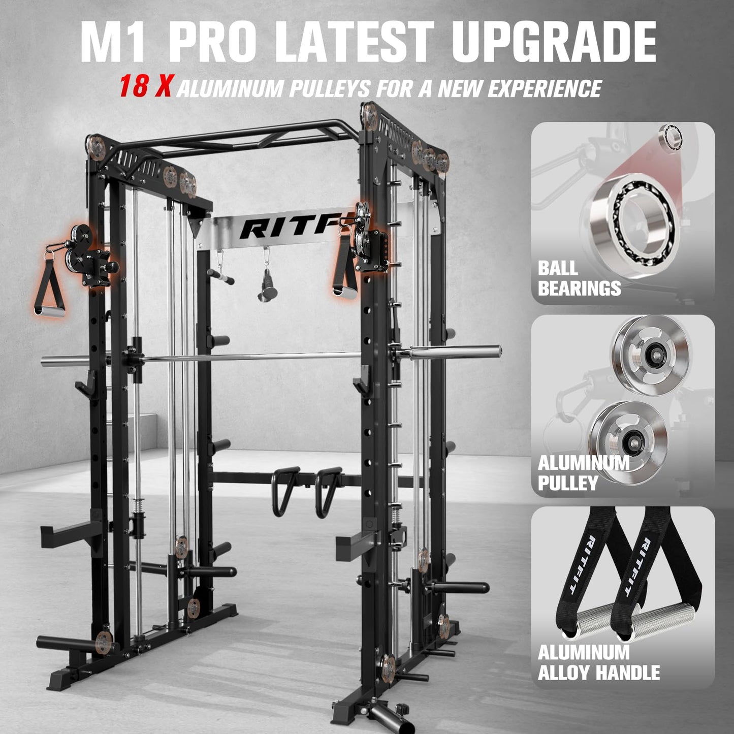 RitFit M1 Pro SmithMachine with Cable Crossover System, Multi-Function Squat Rack Power Cage for Home Gym, Power Rack and Packages Black（bp260 Package）