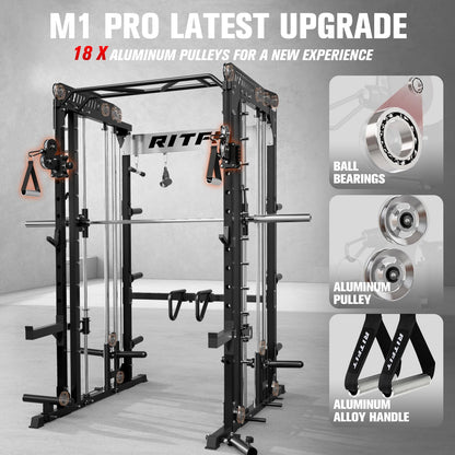 RitFit M1 Pro SmithMachine with Cable Crossover System, Multi-Function Squat Rack Power Cage for Home Gym, Power Rack and Packages Black（bp260 Package）