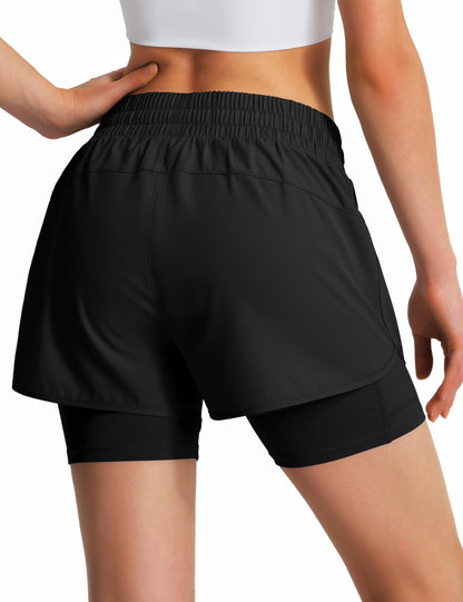 Ksmien Women's 2 in 1 Running Shorts Quick Dry Athletic Gym Workout Shorts with Liner Phone Pockets Black