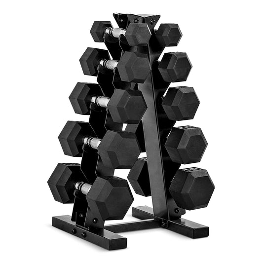 CAP Barbell 150 LB Rubber Coated Hex Dumbbell Hand Weight Set with Vertical Storage Rack - Chrome Handle | Black Rack