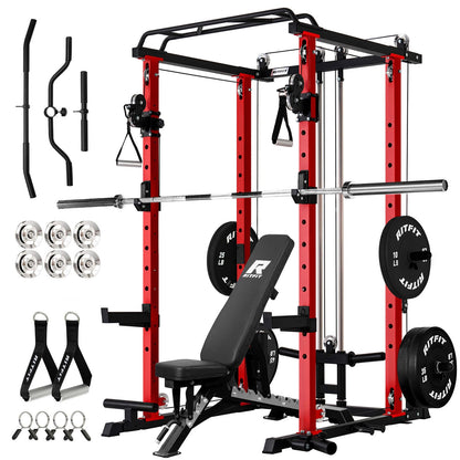 RitFit Multi-Function Garage & Home Gym Package Includes 1000LBS Power Cage PPC03 with Cable Crossover System, Weight Bench, Olympic Barbell Weight Set, Full Body Workout -OR,Bumper Plate 230lbs