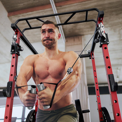 RitFit Multi-Function Garage & Home Gym Package Includes 1000LBS Power Cage PPC03 with Cable Crossover System, Weight Bench, Olympic Barbell Weight Set, Full Body Workout -OR,Bumper Plate 230lbs