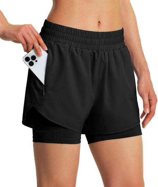 Ksmien Women's 2 in 1 Running Shorts Quick Dry Athletic Gym Workout Shorts with Liner Phone Pockets Black