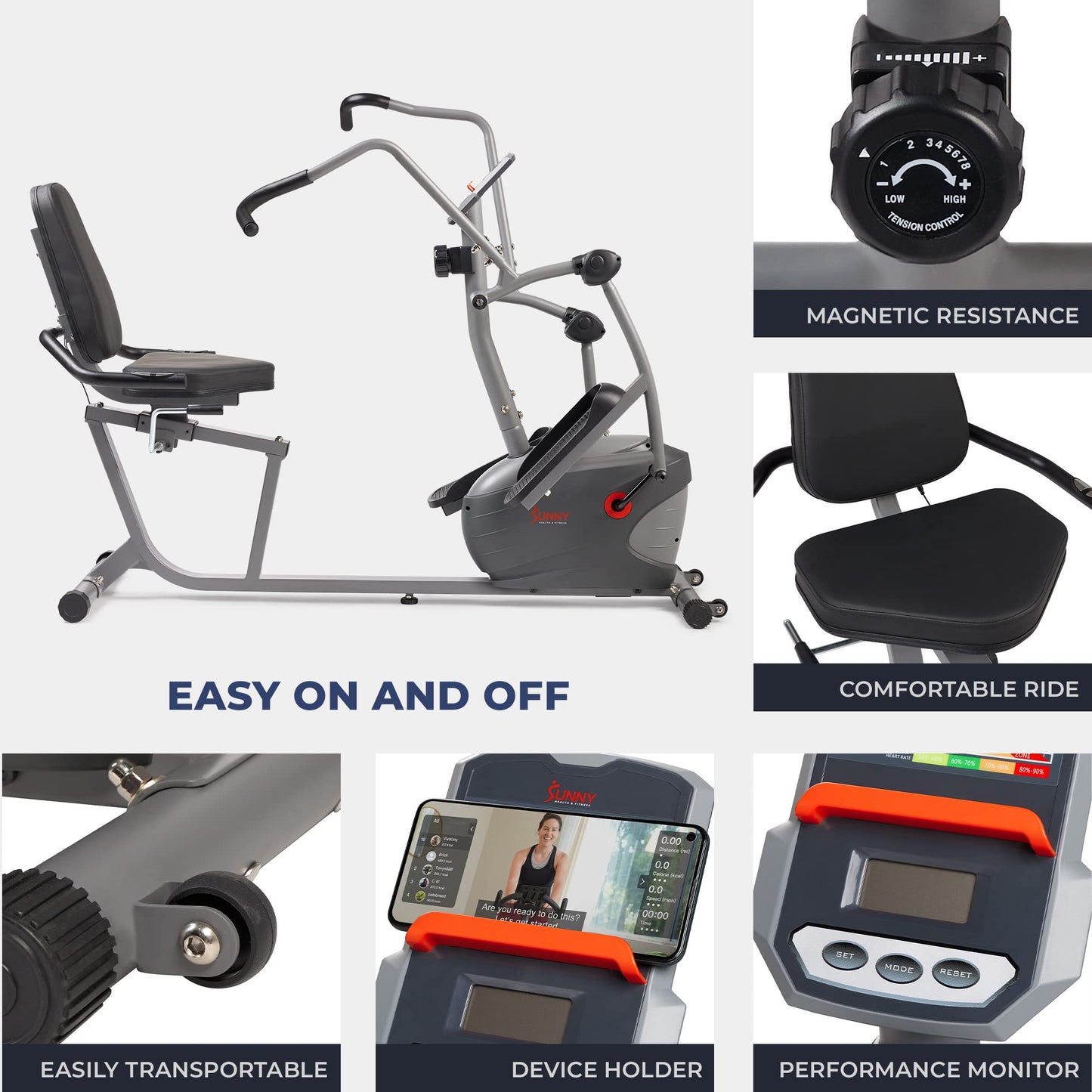 Sunny Health & Fitness Elliptical Recumbent Cardio Bike, Cross Trainer Cycle for Indoor Arm/Leg Home Exercise, Dual Stationary Handlebars Plus Easy Access Seat for Adults & Seniors w/App Connection