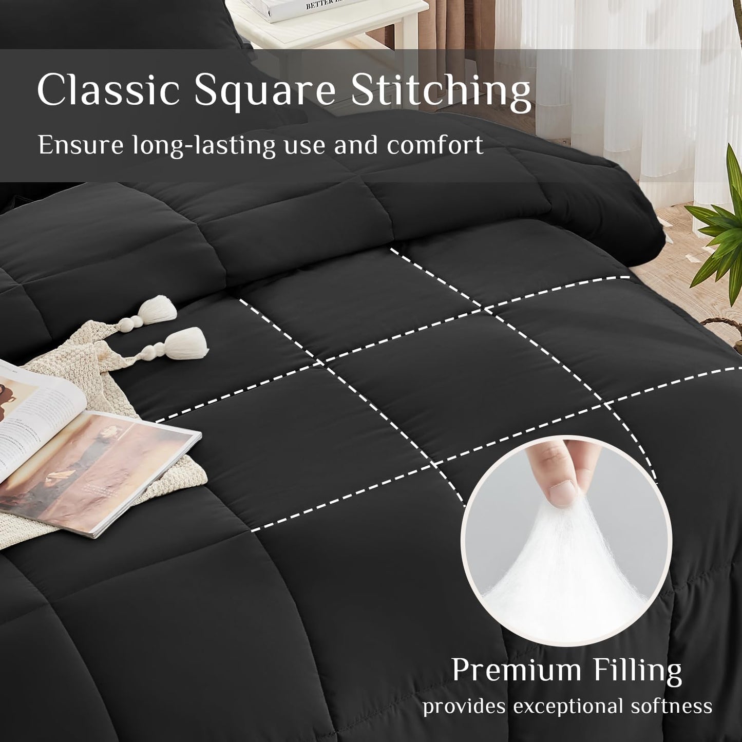 JOLLYVOGUE Queen Comforter Set, Ultra-Soft Bed in a Bag Queen Size 7 Pieces, Oeko-TEX Certified Bedding Set with Down Alternative Comforter, Sheets, Pillowcases & Shams, Black