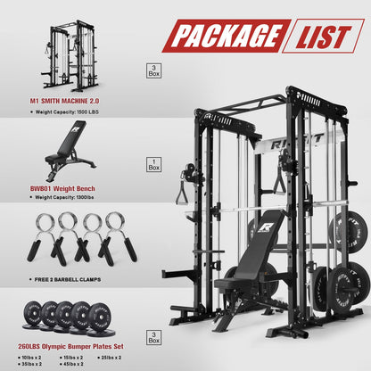 RitFit M1 Pro SmithMachine with Cable Crossover System, Multi-Function Squat Rack Power Cage for Home Gym, Power Rack and Packages Black（bp260 Package）
