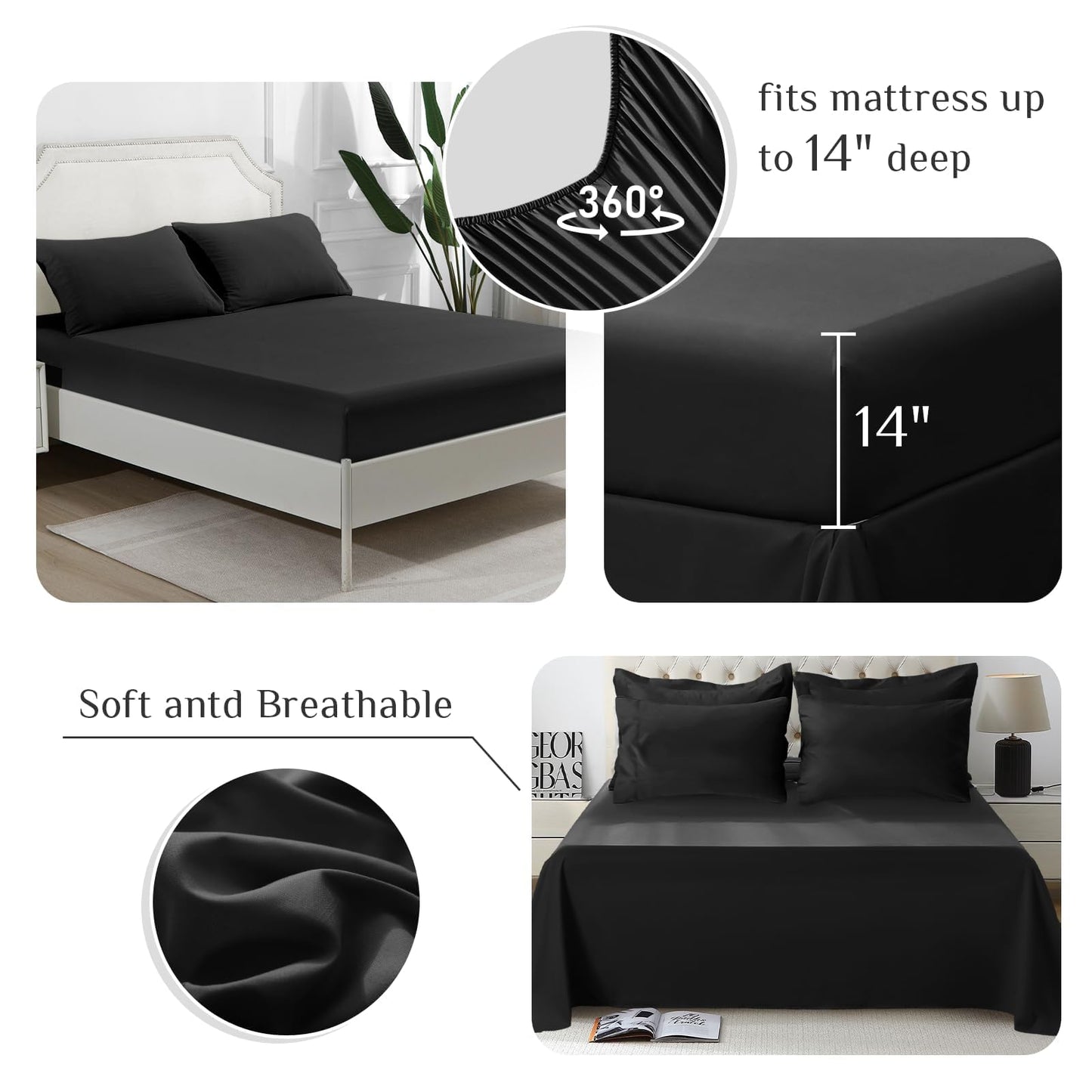 JOLLYVOGUE Queen Comforter Set, Ultra-Soft Bed in a Bag Queen Size 7 Pieces, Oeko-TEX Certified Bedding Set with Down Alternative Comforter, Sheets, Pillowcases & Shams, Black