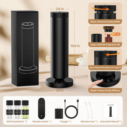 Dakomoda Waterless Diffuser with 90ML Essential Oils, Covers 1000 Sq Ft, Diffusers for Home Hotel, Adjustable Mist & Timer, Scent Diffuser Starter Kit with Night Light, Black