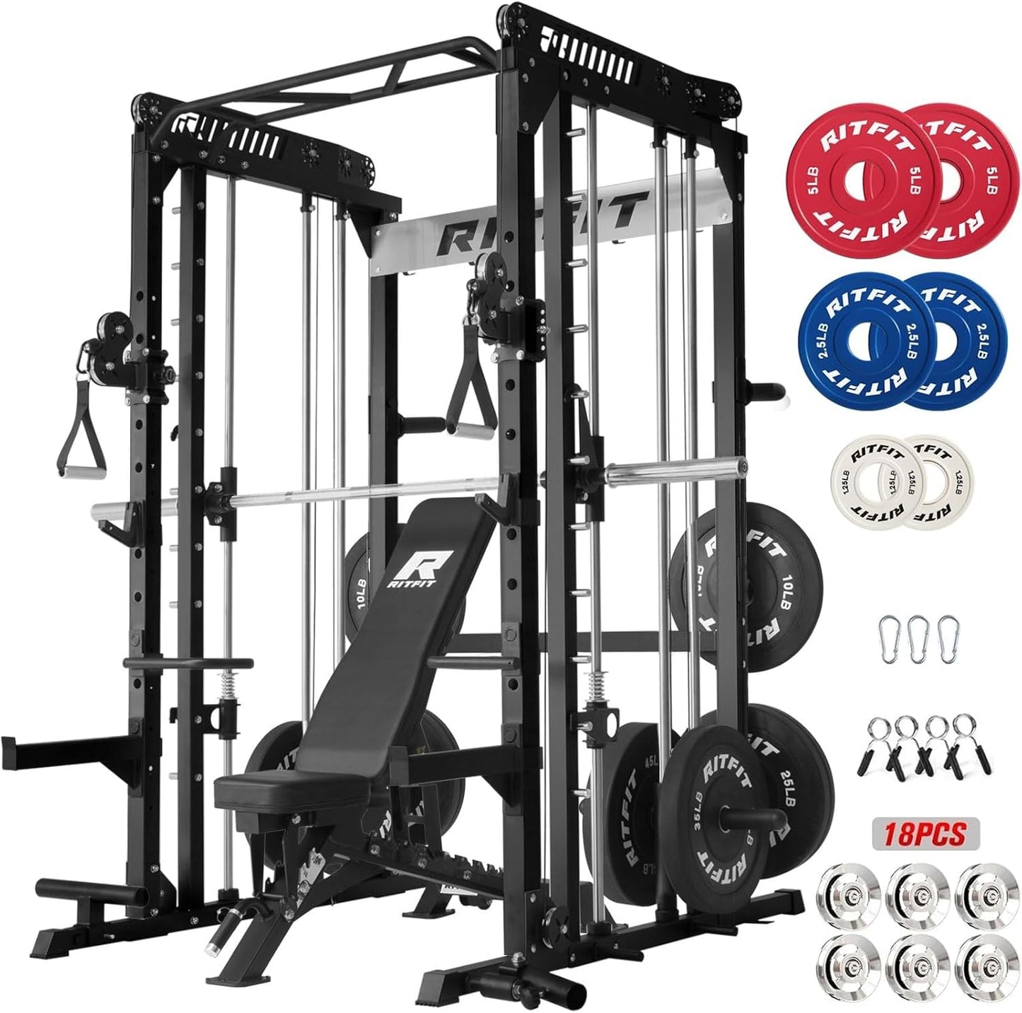 RitFit M1 Pro SmithMachine with Cable Crossover System, Multi-Function Squat Rack Power Cage for Home Gym, Power Rack and Packages Black（bp260 Package）