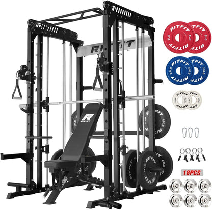 RitFit M1 Pro SmithMachine with Cable Crossover System, Multi-Function Squat Rack Power Cage for Home Gym, Power Rack and Packages Black（bp260 Package）