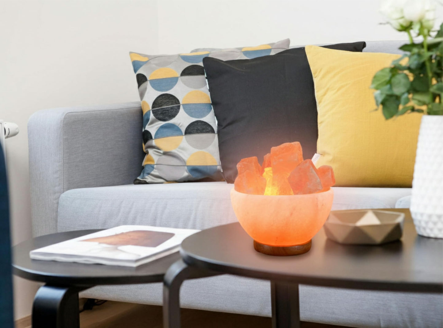 Spantik Himalayan Salt Lamp Bowl with Natural Crystal Chunks, Dimmer Cord and Classic Wood Base Premium Quality Authentic from Pakistan