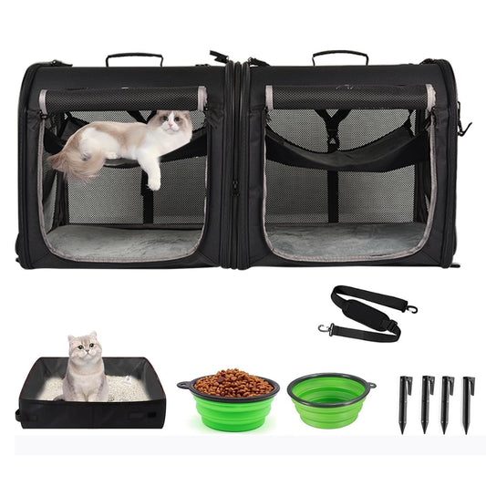 Wakytu Portable 2-in-1 Pet Carrier for Medium Dogs Large Cat Carrier for 2 Cats Travel Double Dog Crate Set with Portable Carry Bag/Hammocks/Mats/Tent Stakes/2 Pcs Pet Bowls for Outdoor Camping