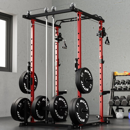 RitFit Multi-Function Garage & Home Gym Package Includes 1000LBS Power Cage PPC03 with Cable Crossover System, Weight Bench, Olympic Barbell Weight Set, Full Body Workout -OR,Bumper Plate 230lbs