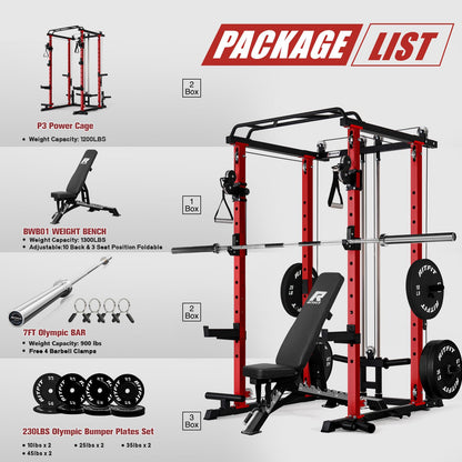 RitFit Multi-Function Garage & Home Gym Package Includes 1000LBS Power Cage PPC03 with Cable Crossover System, Weight Bench, Olympic Barbell Weight Set, Full Body Workout -OR,Bumper Plate 230lbs