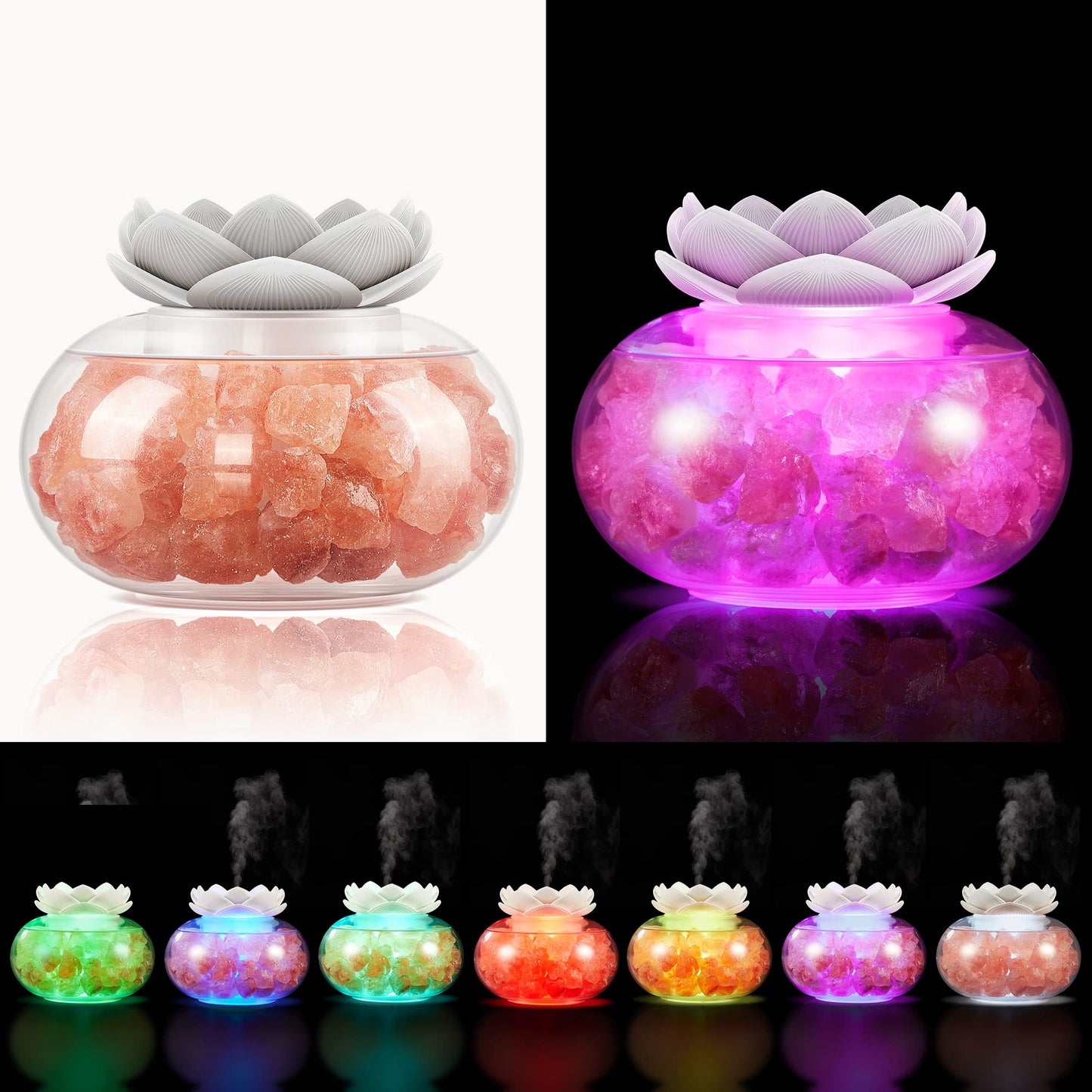 Essential Oil Diffusers Aromatherapy Diffuser: Vyaime Salt Lamp Diffuser for Home Bedroom Office, Pink Crystal Himalayan Cute Lotus Auto Shut-Off 7 Colors LED Night Light - V1103