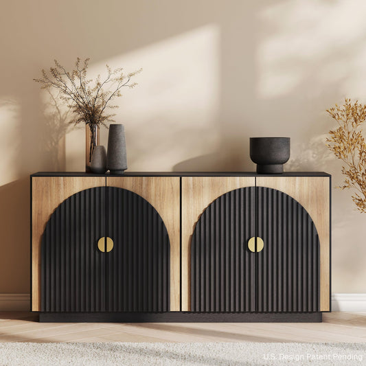 BELLEZE 65 Inch Fluted Buffet Cabinet with Storage, Symmetrical Arc Accent Sideboard Large Console Table for Dining Room, Kitchen, and Living Room (Camel)